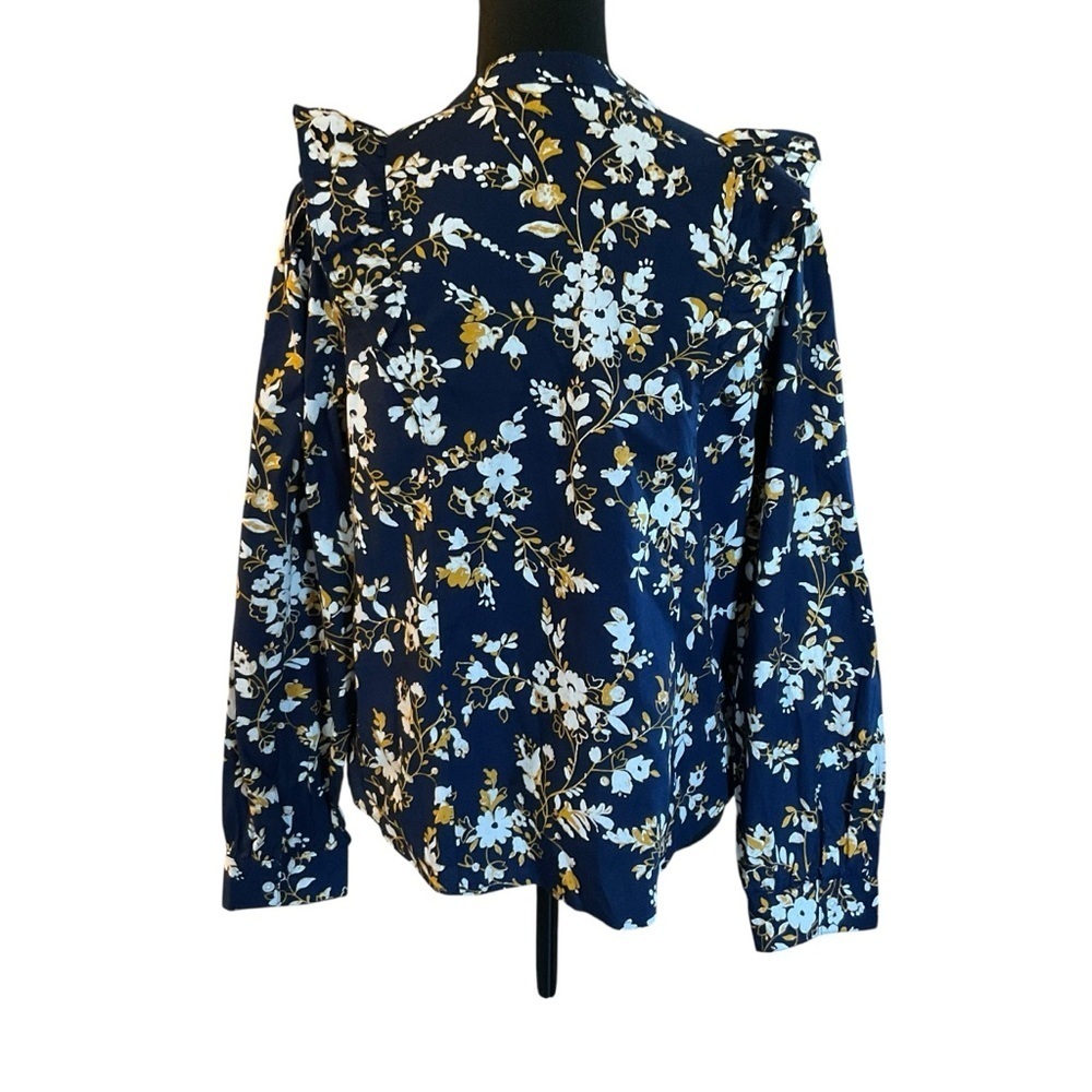 J. Crew Navy Floral Ruffle Blouse Long Sleeve Size L - Picture 5 of 10